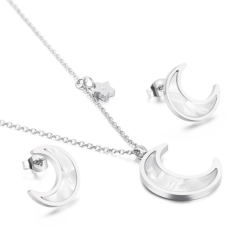 Fashion Moon Titanium Steel Plating Earrings Necklace 1 Set