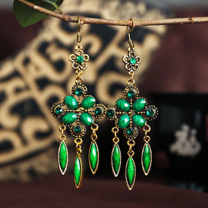 New Retro Ethnic Style Diamond Hollow Long Tassel Alloy Earrings Wholesale