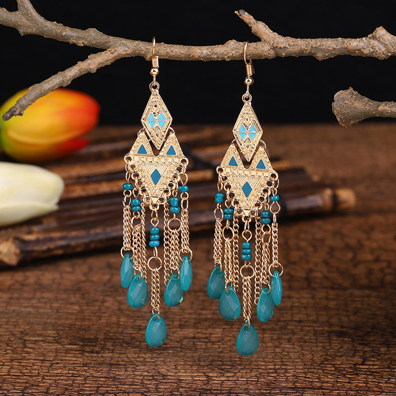 Creative New Rhombus Stitching Long Rice Bead Drop Earrings Wholesale