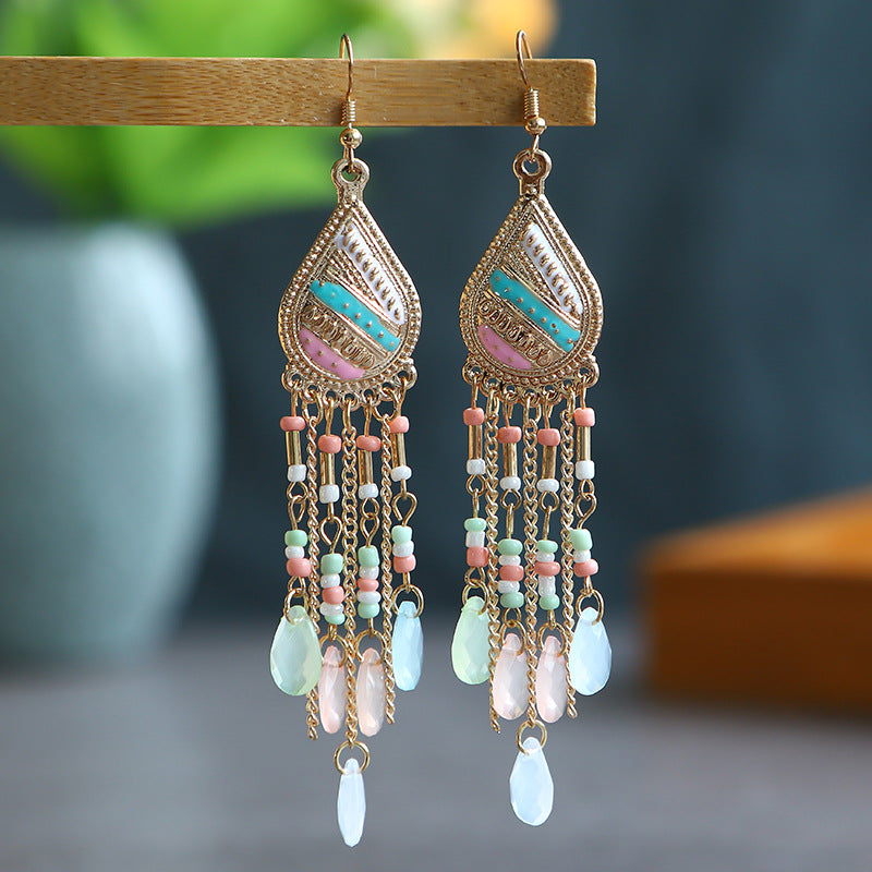 Vintage Multi-layer Water Drop Long Rice Beads Tassel Earrings