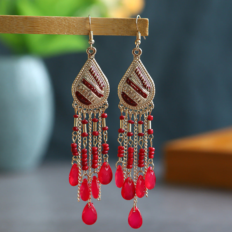 Vintage Multi-layer Water Drop Long Rice Beads Tassel Earrings