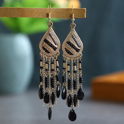 Vintage Multi-layer Water Drop Long Rice Beads Tassel Earrings