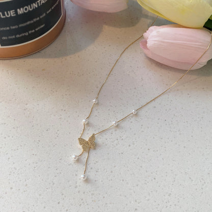 Simple Style Butterfly Imitation Pearl Alloy Tassel Necklace