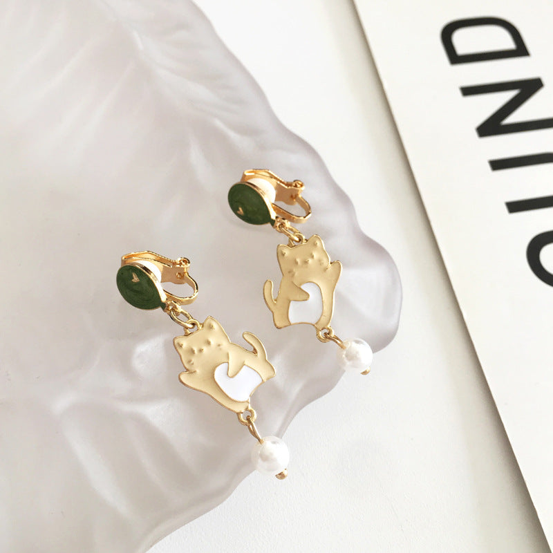 Cute Water Droplets Cat Imitation Pearl Alloy Enamel Earrings