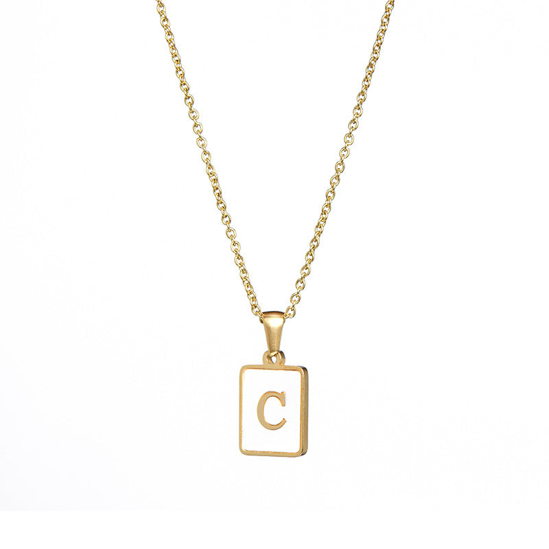 Vintage Style Letter Square Stainless Steel Plating Inlay Shell 18k Gold Plated Pendant Necklace