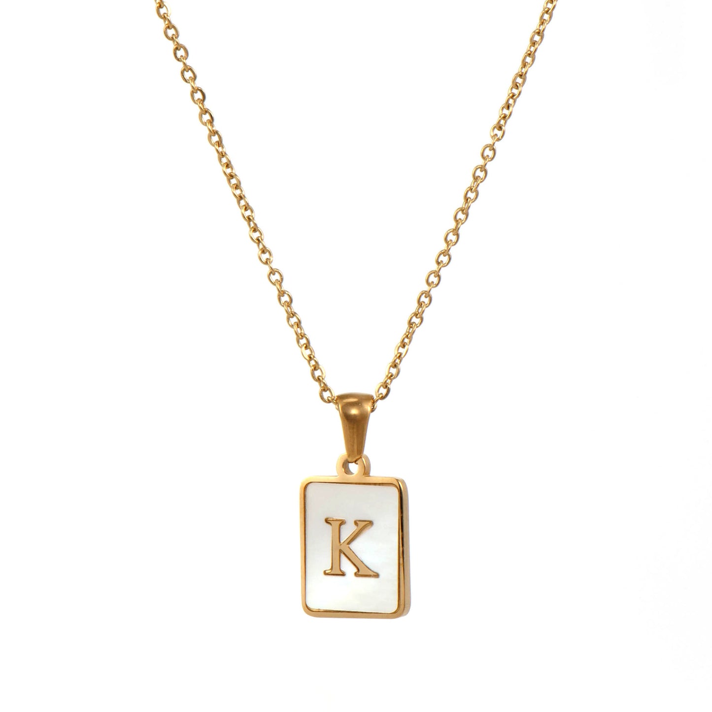 Vintage Style Letter Square Stainless Steel Plating Inlay Shell 18k Gold Plated Pendant Necklace