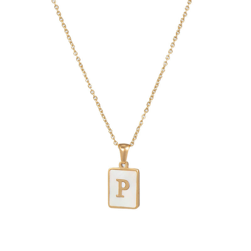 Vintage Style Letter Square Stainless Steel Plating Inlay Shell 18k Gold Plated Pendant Necklace