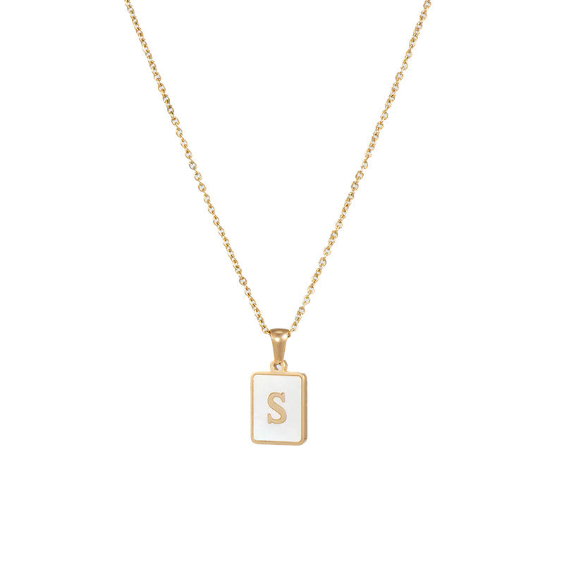 Vintage Style Letter Square Stainless Steel Plating Inlay Shell 18k Gold Plated Pendant Necklace