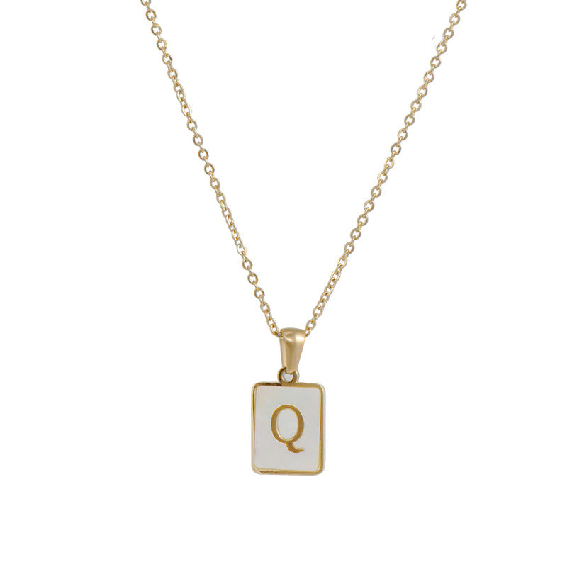 Vintage Style Letter Square Stainless Steel Plating Inlay Shell 18k Gold Plated Pendant Necklace