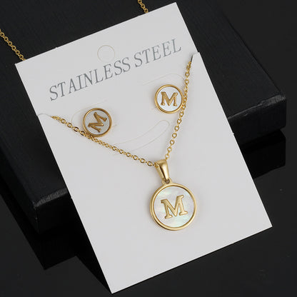 Simple Style Round Letter Stainless Steel Gold Plated Shell Earrings Necklace 3 Piece Set