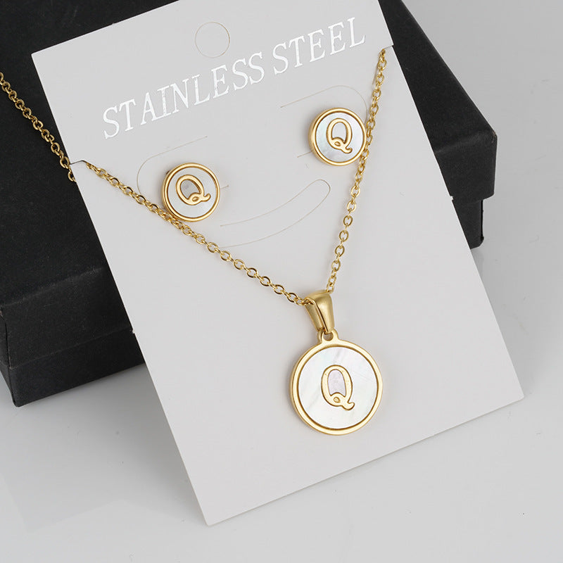 Simple Style Round Letter Stainless Steel Gold Plated Shell Earrings Necklace 3 Piece Set