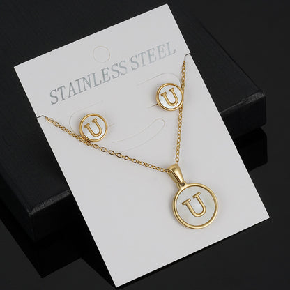 Simple Style Round Letter Stainless Steel Gold Plated Shell Earrings Necklace 3 Piece Set