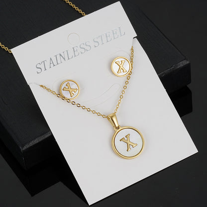 Simple Style Round Letter Stainless Steel Gold Plated Shell Earrings Necklace 3 Piece Set