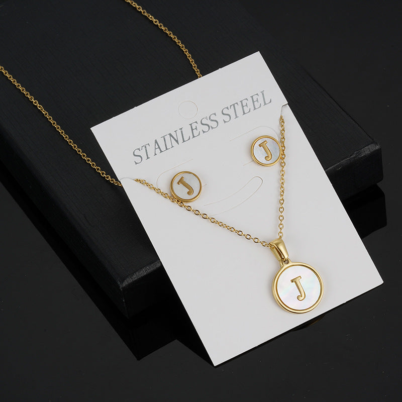 Simple Style Round Letter Stainless Steel Gold Plated Shell Earrings Necklace 3 Piece Set