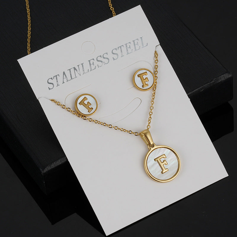 Simple Style Round Letter Stainless Steel Gold Plated Shell Earrings Necklace 3 Piece Set