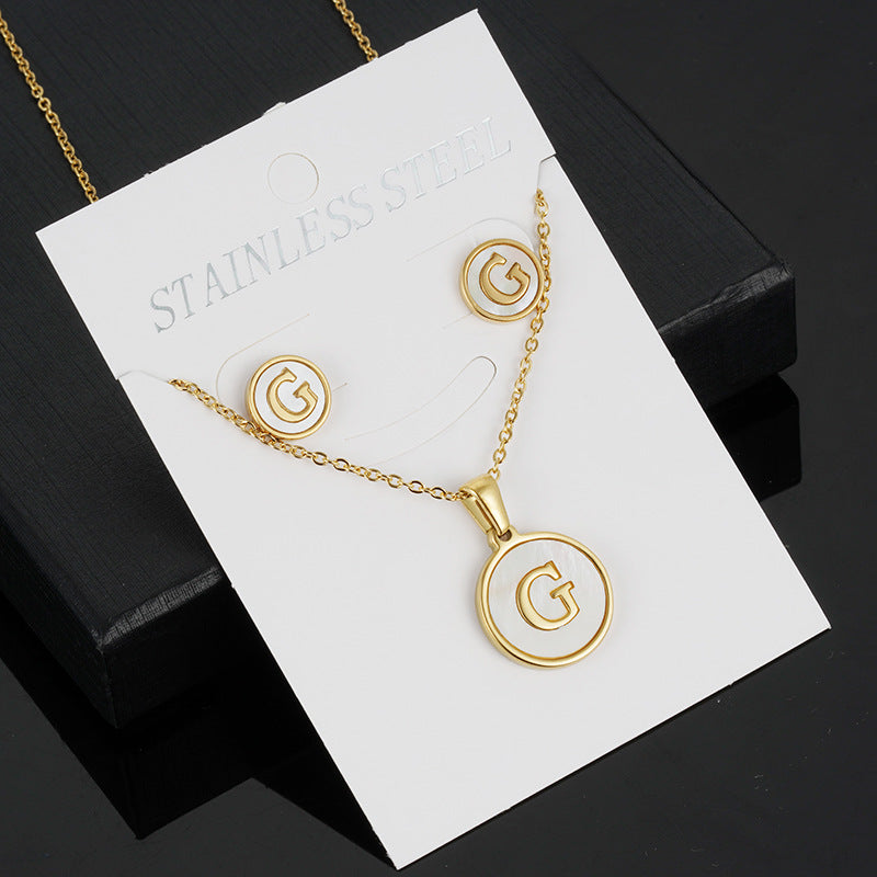 Simple Style Round Letter Stainless Steel Gold Plated Shell Earrings Necklace 3 Piece Set