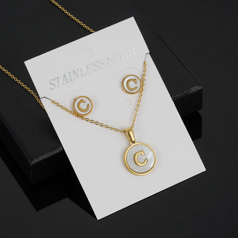 Simple Style Round Letter Stainless Steel Gold Plated Shell Earrings Necklace 3 Piece Set