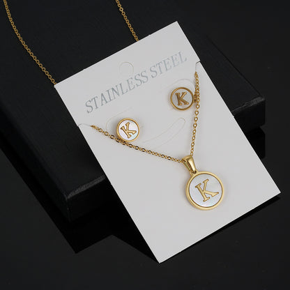 Simple Style Round Letter Stainless Steel Gold Plated Shell Earrings Necklace 3 Piece Set