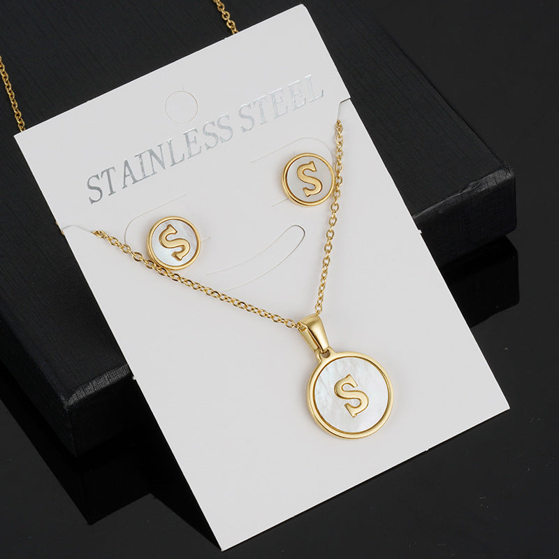 Simple Style Round Letter Stainless Steel Gold Plated Shell Earrings Necklace 3 Piece Set