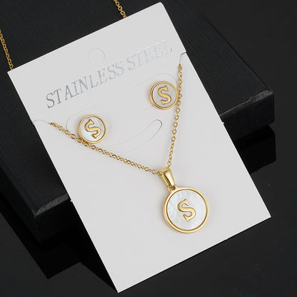 Simple Style Round Letter Stainless Steel Gold Plated Shell Earrings Necklace 3 Piece Set