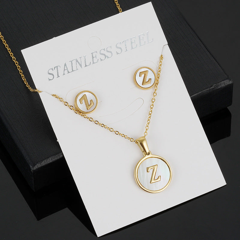 Simple Style Round Letter Stainless Steel Gold Plated Shell Earrings Necklace 3 Piece Set