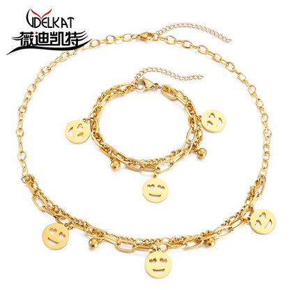 Fashion Emoji Face Stainless Steel No Inlaid Bracelets Necklace 2 Pieces