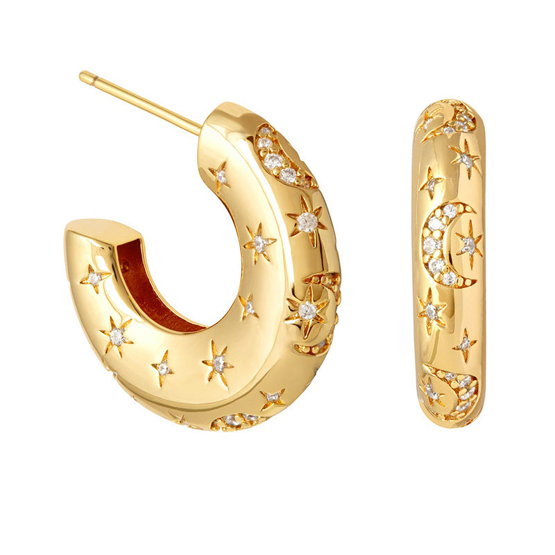 Fashion C Shape Star Gold Plated Copper Rhinestones Ear Studs