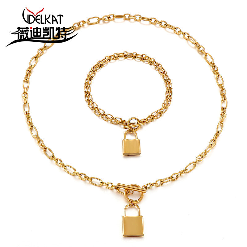 Stainless Steel Polished Lock Bracelet Necklace Set Oval Type Chain Fashion Set