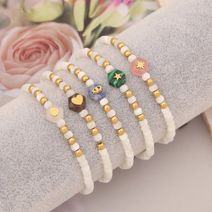 Fashion Hexagon Heart Shape Eye Stainless Steel Natural Stone Bracelets Beaded Handmade Stainless Steel Bracelets 1 Piece