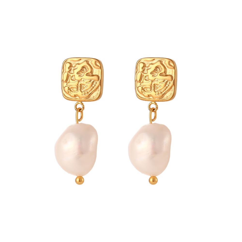 Fashion Square Plating Stainless Steel Freshwater Pearl Gold Plated Drop Earrings