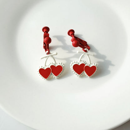 Sweet Cherry Heart Shape Alloy Enamel Drop Earrings