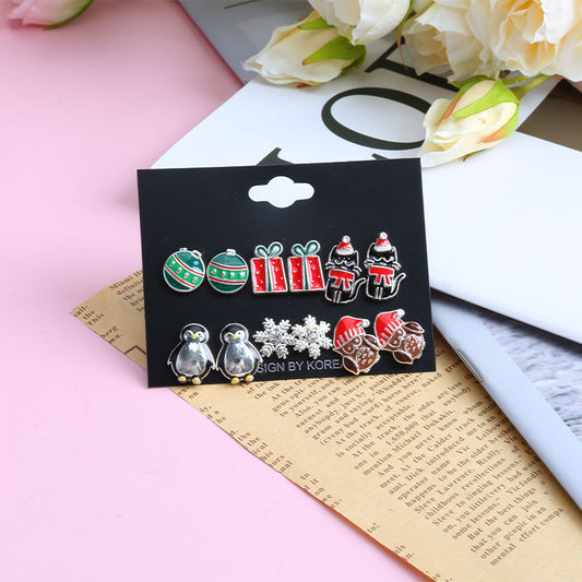 Cute Penguin Gift Box Snowflake Alloy Enamel Plating Inlay Rhinestones Ear Studs 1 Set