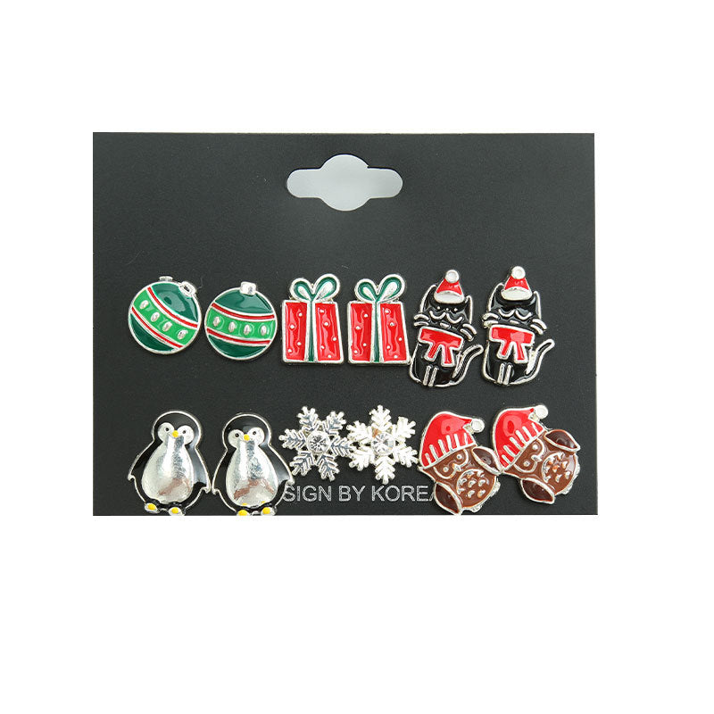 Cute Penguin Gift Box Snowflake Alloy Enamel Plating Inlay Rhinestones Ear Studs 1 Set