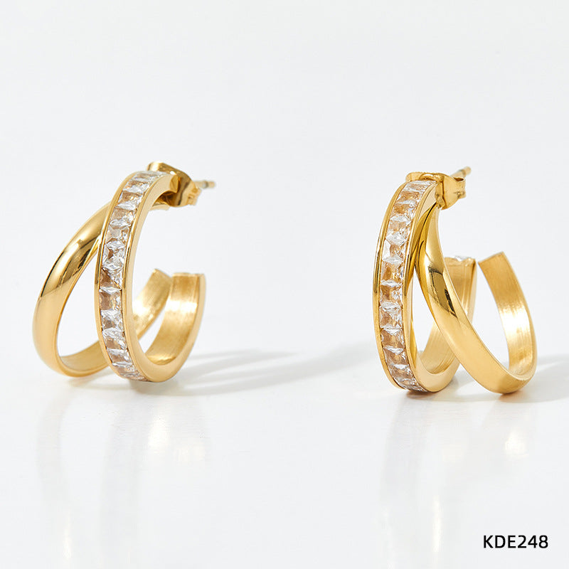 Fashion C Shape Inlay Stainless Steel Zircon Hoop Earrings