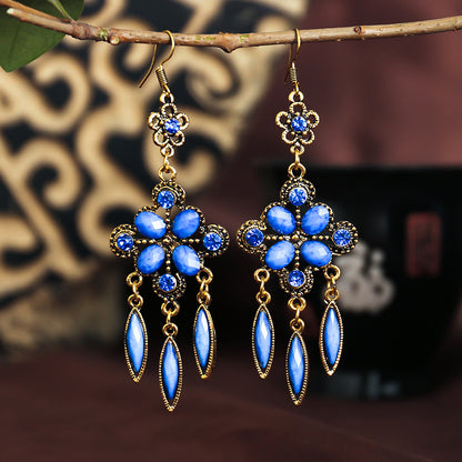 New Retro Ethnic Style Diamond Hollow Long Tassel Alloy Earrings Wholesale