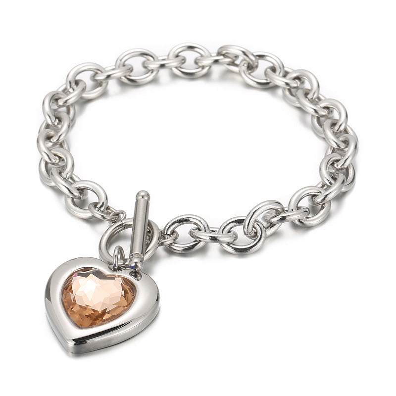 Fashion Heart Shape Titanium Steel Bracelets Plating Inlay Glass Stainless Steel Bracelets