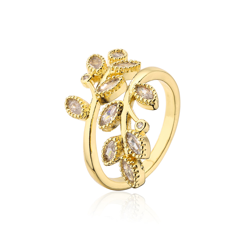 Fashion Leaf Copper Open Ring Gold Plated Zircon Copper Rings