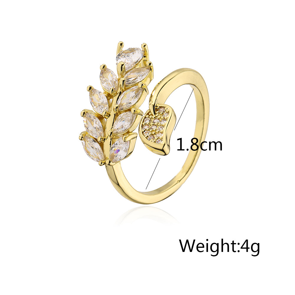 Fashion Leaf Copper Open Ring Gold Plated Zircon Copper Rings