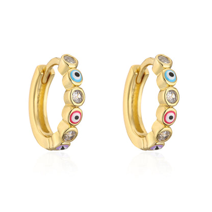 Fashion Devil's Eye Copper Enamel Gold Plated Zircon Hoop Earrings 1 Pair