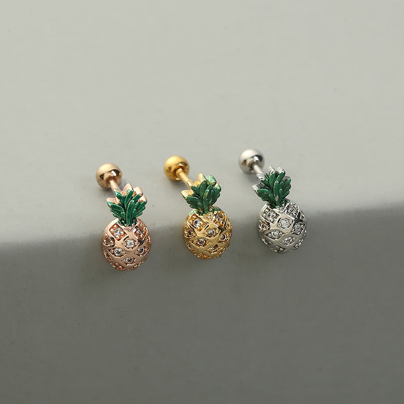 Fashion Cactus Pineapple Copper Ear Studs Inlay Zircon Copper Earrings 1 Piece