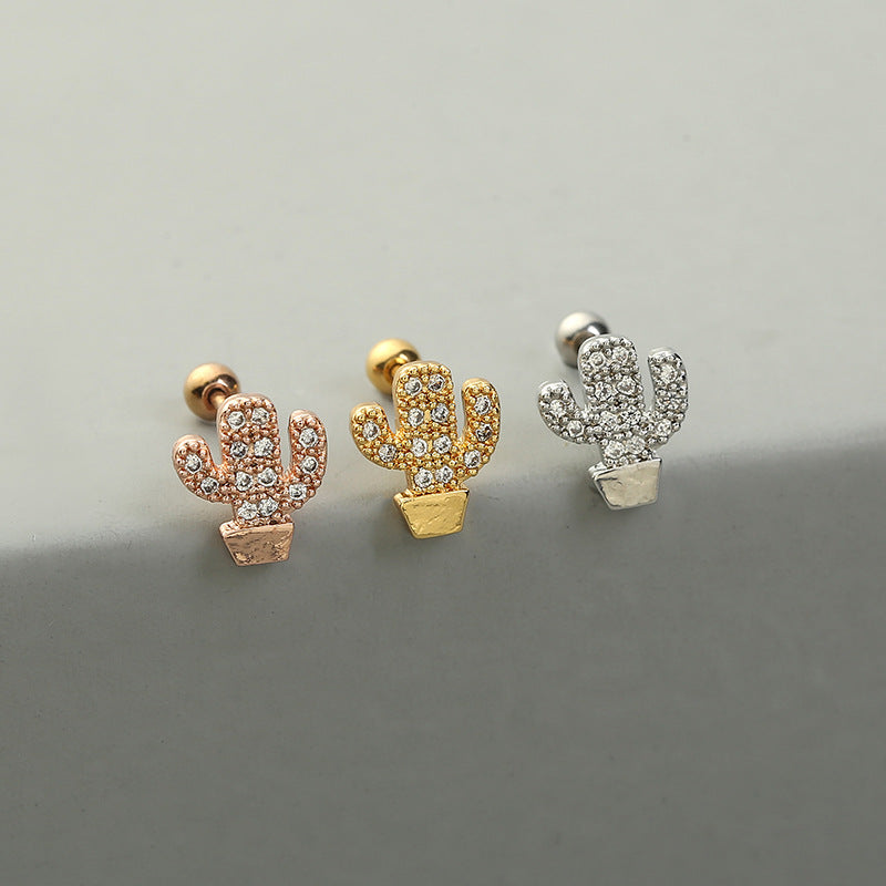 Fashion Cactus Pineapple Copper Ear Studs Inlay Zircon Copper Earrings 1 Piece