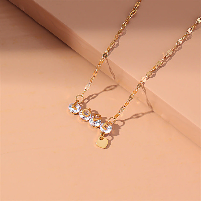 Fashion Heart Shape Titanium Steel Inlaid Gold Pendant Necklace