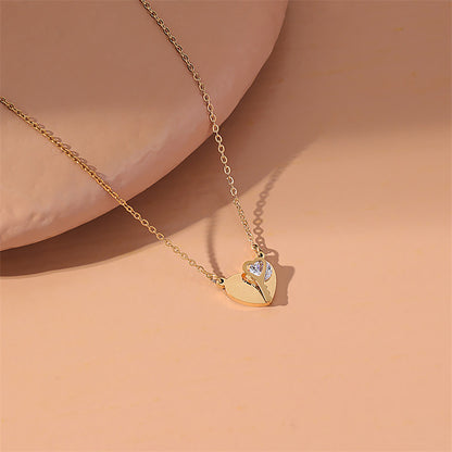 Fashion Heart Shape Titanium Steel Inlaid Gold Pendant Necklace