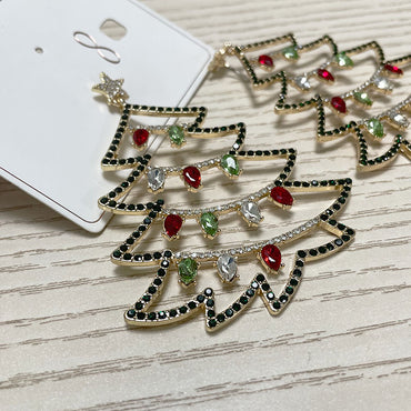 1 Pair Fashion Christmas Tree Enamel Inlay Alloy Rhinestones Drop Earrings