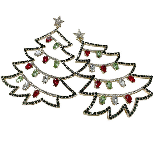 1 Pair Fashion Christmas Tree Enamel Inlay Alloy Rhinestones Drop Earrings