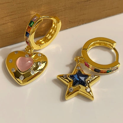 Retro Star Heart Shape Copper Inlay Zircon Dangling Earrings 1 Pair