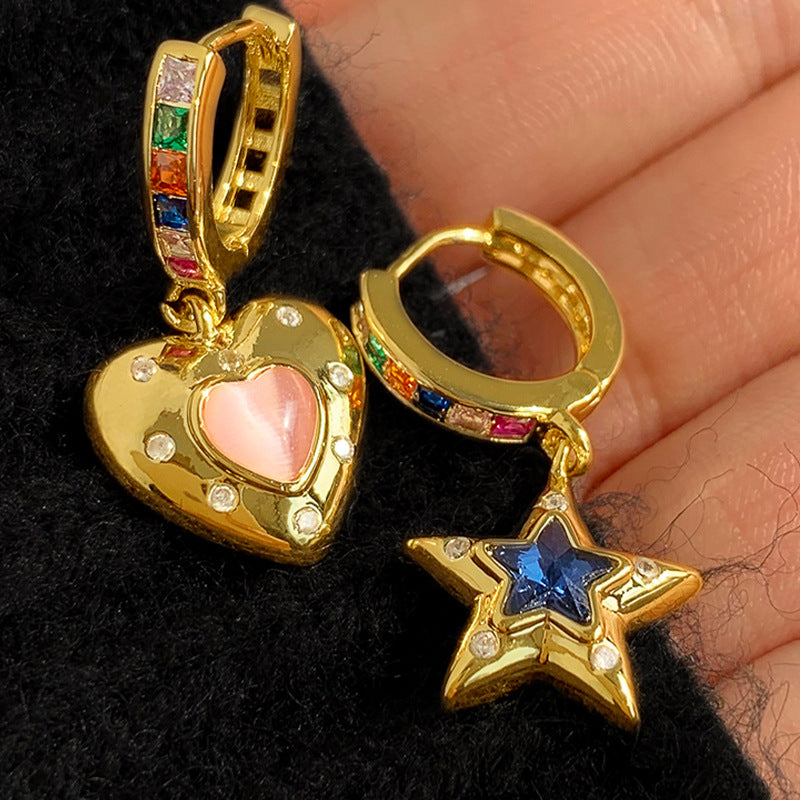 Retro Star Heart Shape Copper Inlay Zircon Dangling Earrings 1 Pair