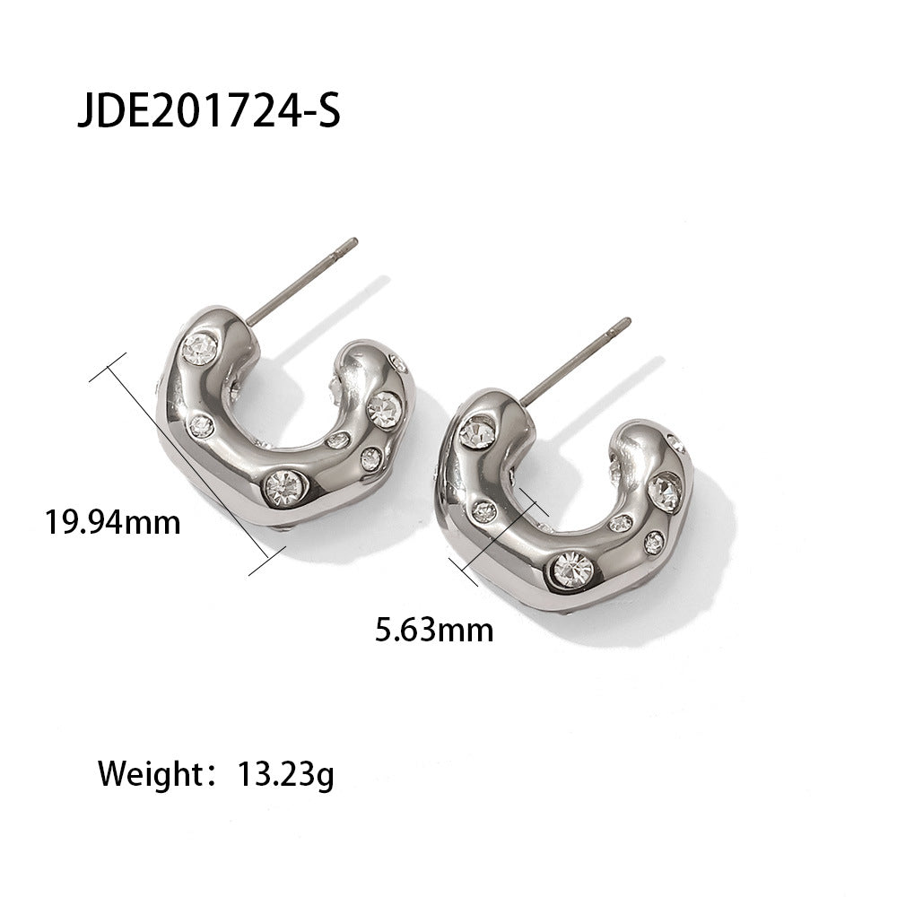 1 Pair Simple Style C Shape Inlaid Zircon Stainless Steel Hoop Earrings