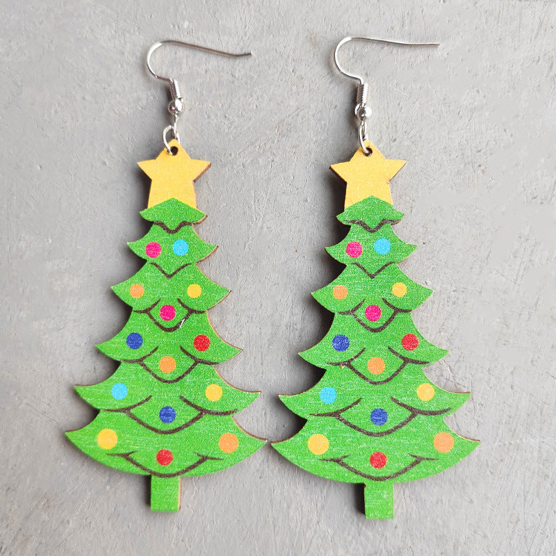 1 Pair Cute Christmas Tree Snowman Wood Drop Earrings