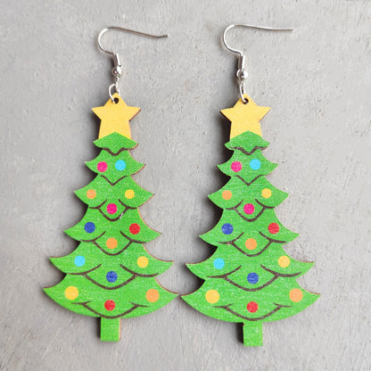 1 Pair Cute Christmas Tree Snowman Wood Drop Earrings